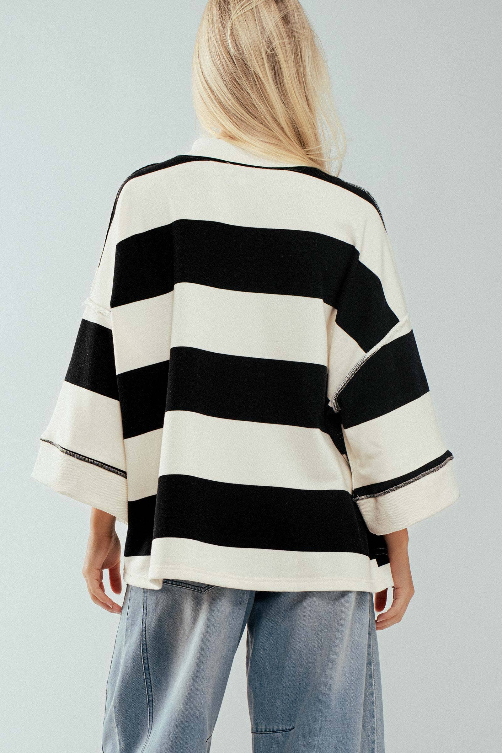 Urban Daizy - Oversized Half Zip Bold Stripe Statement Pullover Sweatshirt