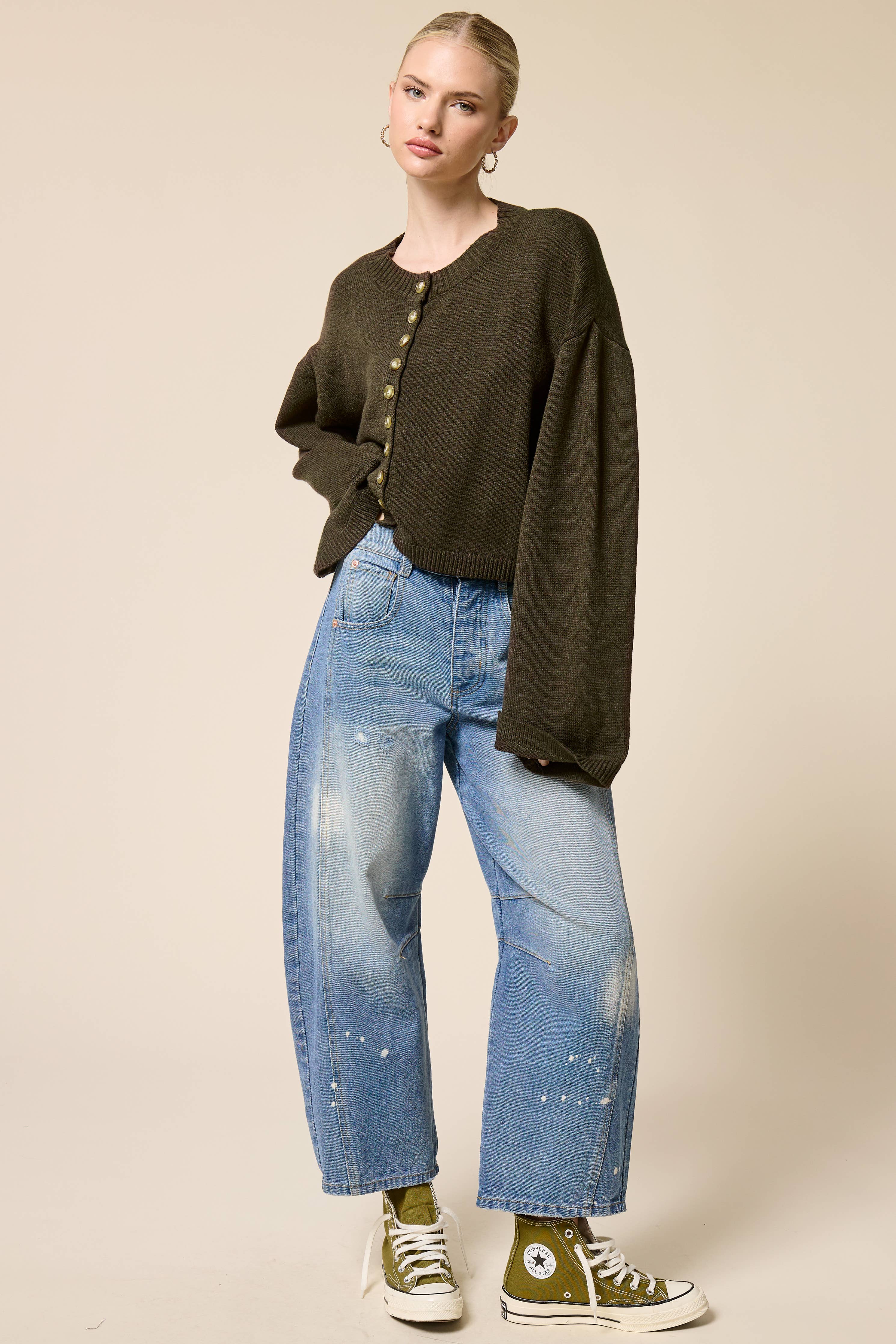 Button Front Cropped Knit Cardigan