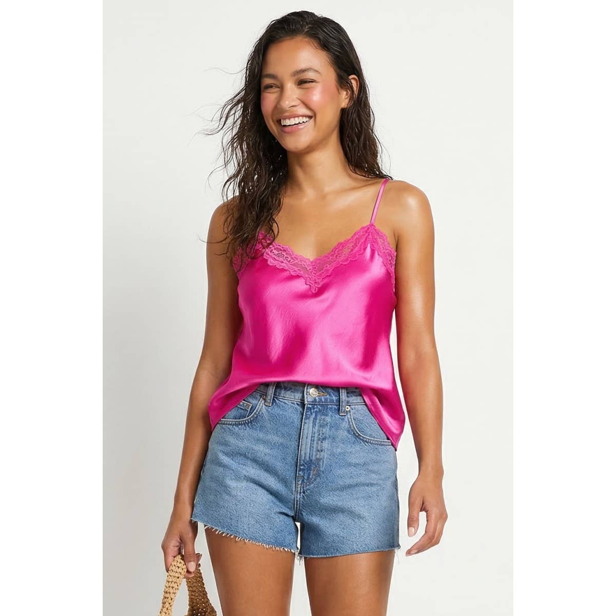 Classic Satin V-neck Lace Trim Cami