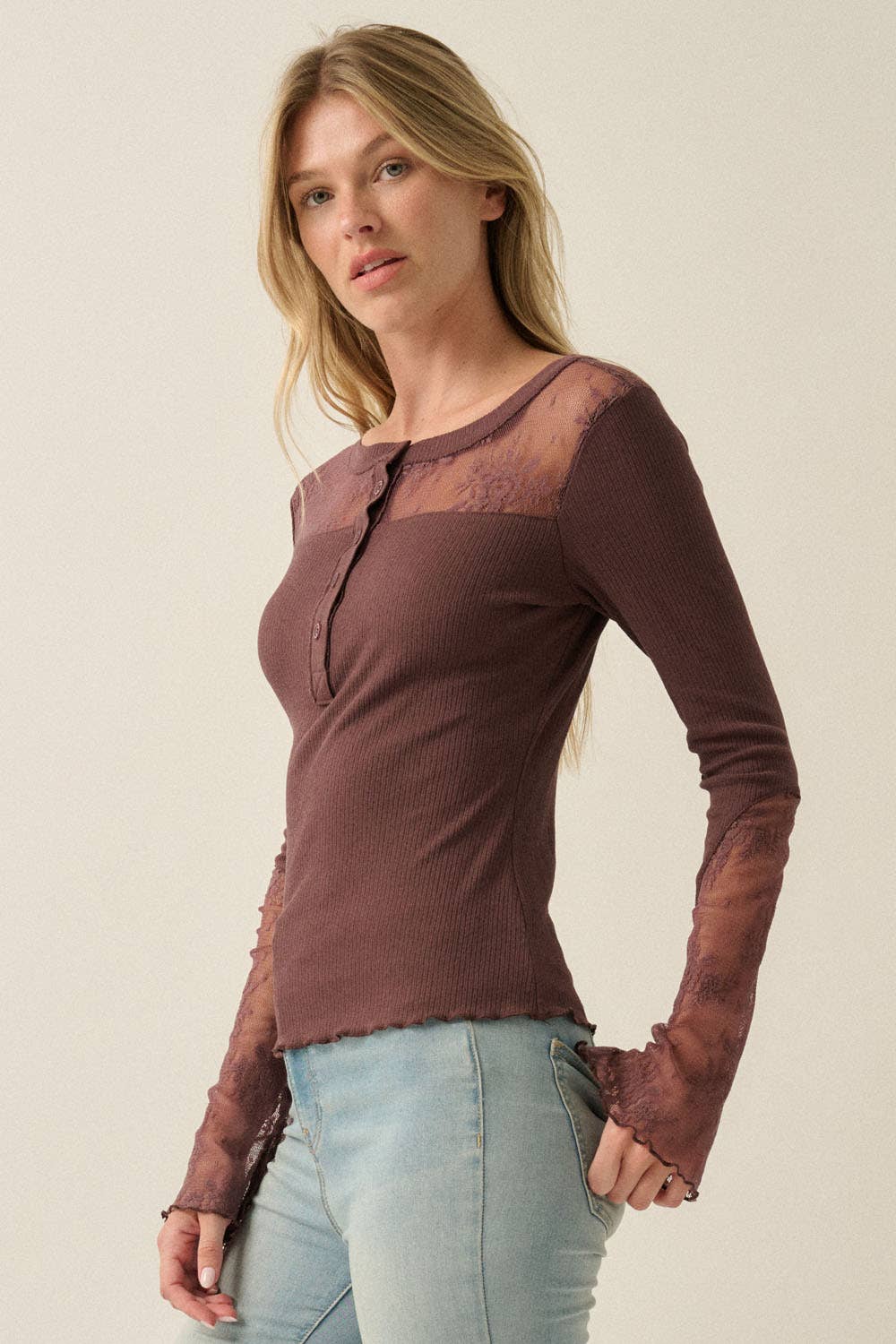 Ribbed Knit & Lace Long-Sleeve Split-Cuff Henley Top